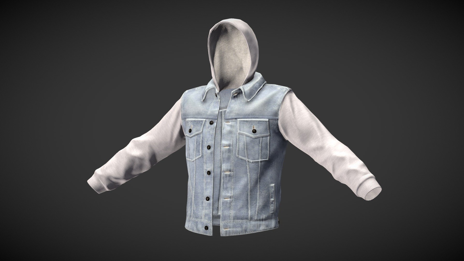 Denim Jacket with Sweatshirt Sleeves and Hood - Denim Hoodie - 3D model by bellamalavasi 3d model