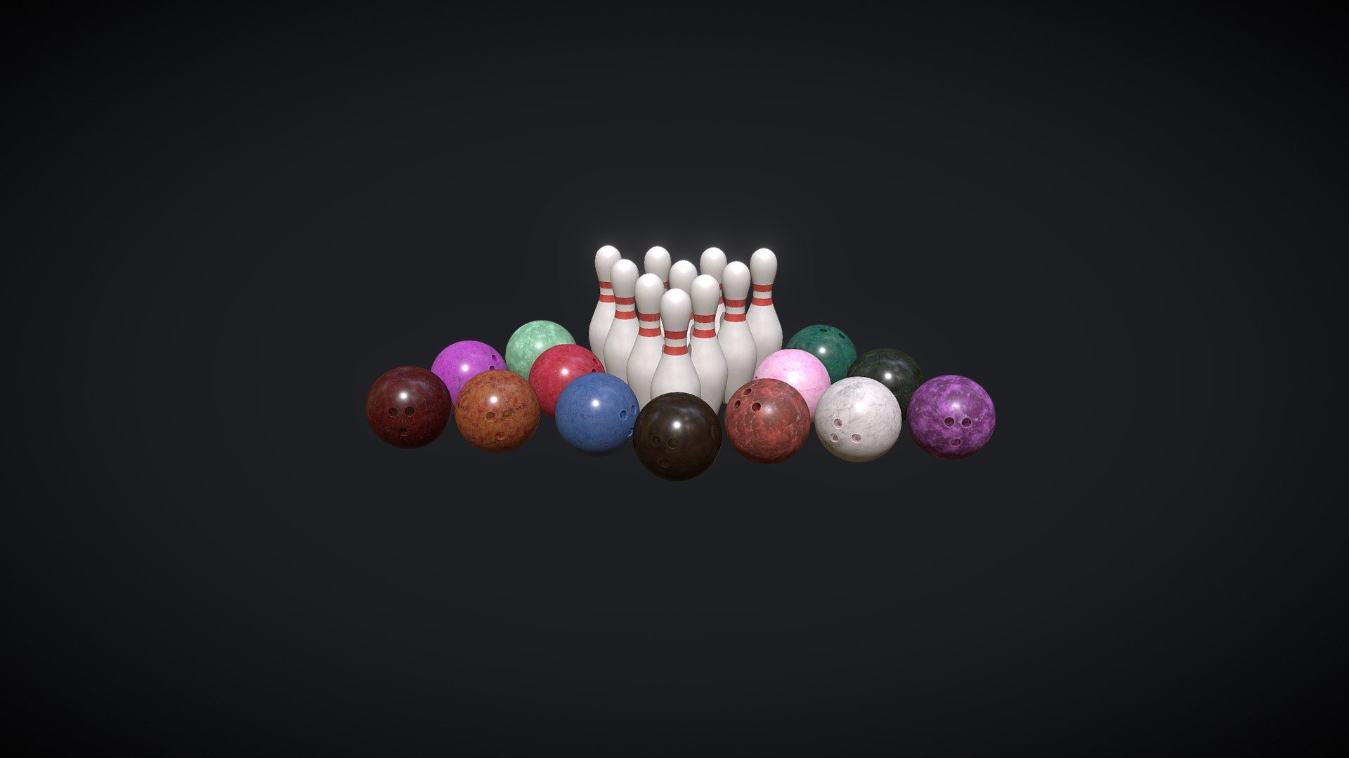 Contains 13 bowling balls with different designs and colors.
Bowling is a target sport and recreational activity in which a player rolls a ball toward pins or another target 3d model