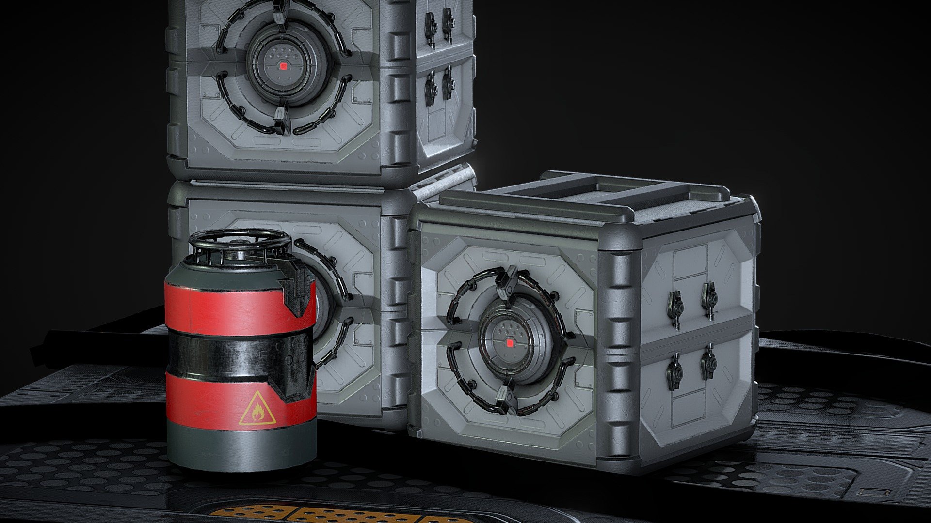Sci-fi crate assets I created a few years ago, long been needing a retexture. Will likely upload two other models to make a miniature sci-fi asset scene. The floor texture is the only one that isn't mine&ndash;courtesy of gametextures.com 3d model