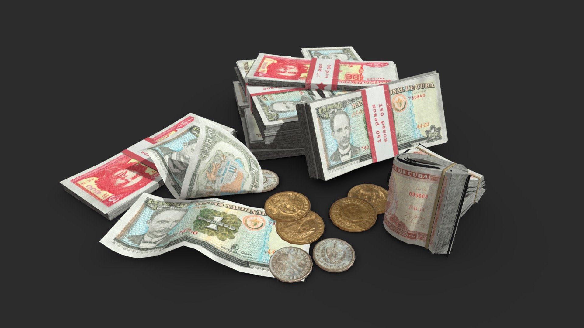 This old Cuban Pesos money loots including banknotes and coins includes 22 objects :




10 individuals banknotes (in 2 values)

4 different coins

3 banknote stacks

The assets can be used in any game (post-apocaliptic, first or third person, GTA like, survival… ). All objects share a unique material for the best optimization for games.

Those AAA game assets pack of money loots will embellish your scene and add more details which can help the gameplay, the game design or the level design.

All textures are PBR ready and available in 4K.

Low-poly model &amp; Blender native 3.1

SPECIFICATIONS




Objects : 22

Polygons : 4541

GAME SPECS




LODs : Yes (inside FBX for Unity &amp; Unreal)

Numbers of LODs : 2

Collider : No

EXPORTED FORMATS




FBX

Collada

OBJ

TEXTURES




Materials in scene : 1

Textures sizes : 4K

Textures types : Base Color, Metallic, Roughness, Normal (DirectX &amp; OpenGL), Heigh &amp; AO (also Unity &amp; Unreal ARM workflow maps)

Textures format : PNG
 - Money Loot - Cuban Pesos - Buy Royalty Free 3D model by KangaroOz 3D (@KangaroOz-3D) 3d model