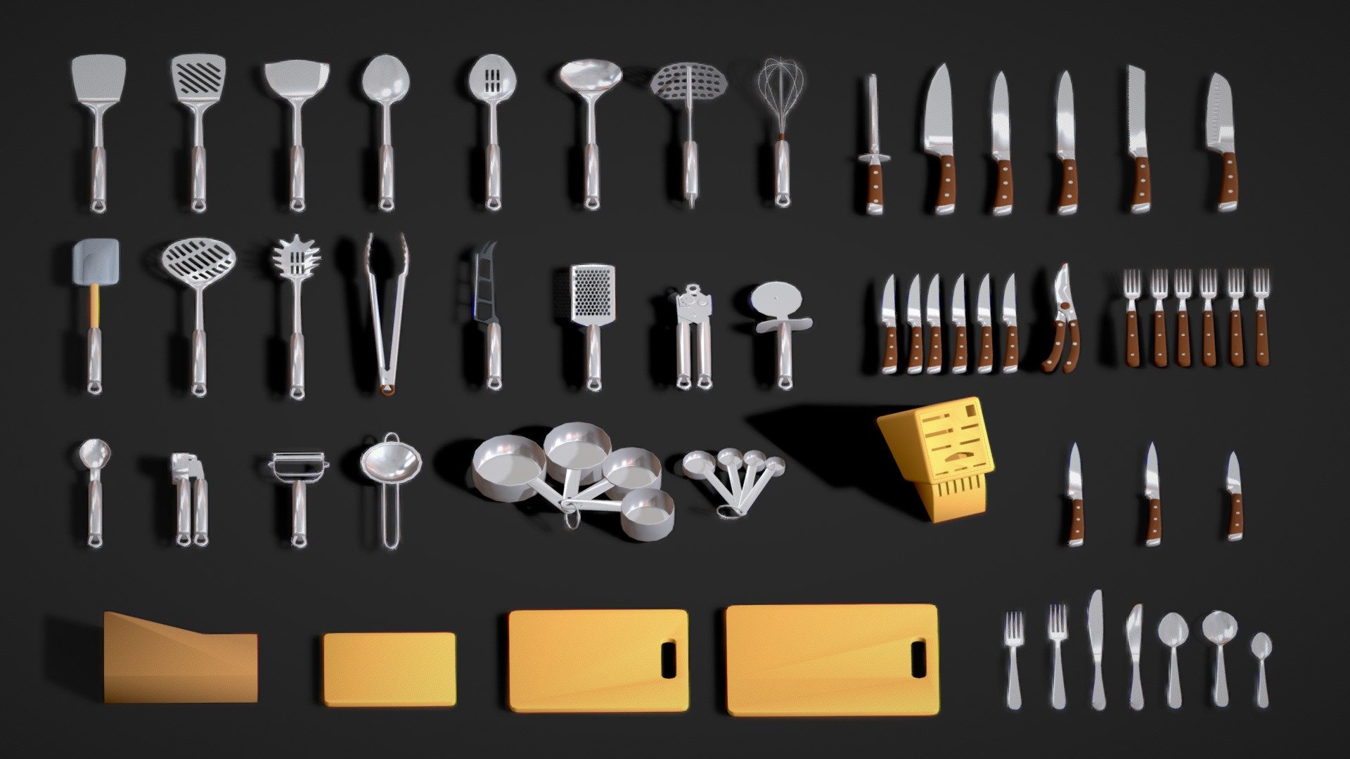 Transform your virtual kitchens into a culinary haven with our extensive 50+ Kitchen Asset Pack.

This collection features meticulously crafted Lowpoly models of kitchen utensils, designed to add realism and functionality to a variety of projects, from game development to architectural visualization.


Enhance the visual appeal of your virtual culinary spaces with this versatile and comprehensive asset pack.




Included File: Blend




Attached Zip file includes: Separated Models for each model in various file formats (Fbx, Obj, Glb, Stl).




Game Ready 3d Models. These kitchen utensils come pre-textured and ready for deployment, saving you valuable time that can be spent on refining the overall aesthetics of your project.



These lowpoly models are crafted to be resource-efficient, allowing for seamless integration into games, simulations, and architectural visualizations without compromising on detail.

Explore over 50 lowpoly kitchen utensils, including knives, spoons, pots, pans, and more.
 - 50+ Kitchen Asset Pack - Low poly Utensils - Buy Royalty Free 3D model by Shree Laxminarayan Technologies (@ShreeLaxminarayanTechnologies) 3d model