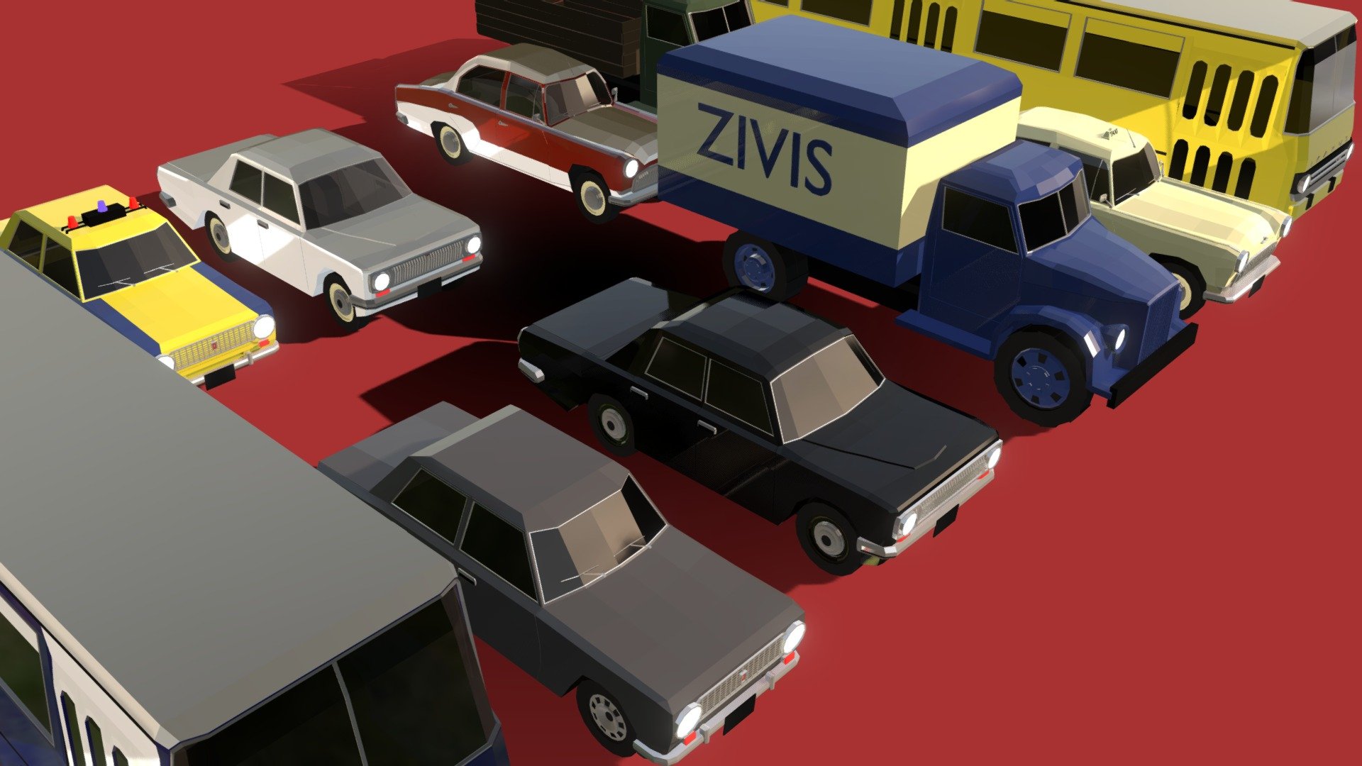 The first collection in a series of low poly asset packs for animations or games.Based on Soviet era vehicles, GAZ, Lada, Ikarus. 
Contains: 1 Lada style sedan, 1 Lada style police car, 1 GAZ M21 style taxi, 1 GAZ M21 style sedan, 2 GAZ 24 style sedans, 2 Ikarus style buses, 2 GAZ 21 Style trucks.
Materials should be easy to change in any 3D software 3d model