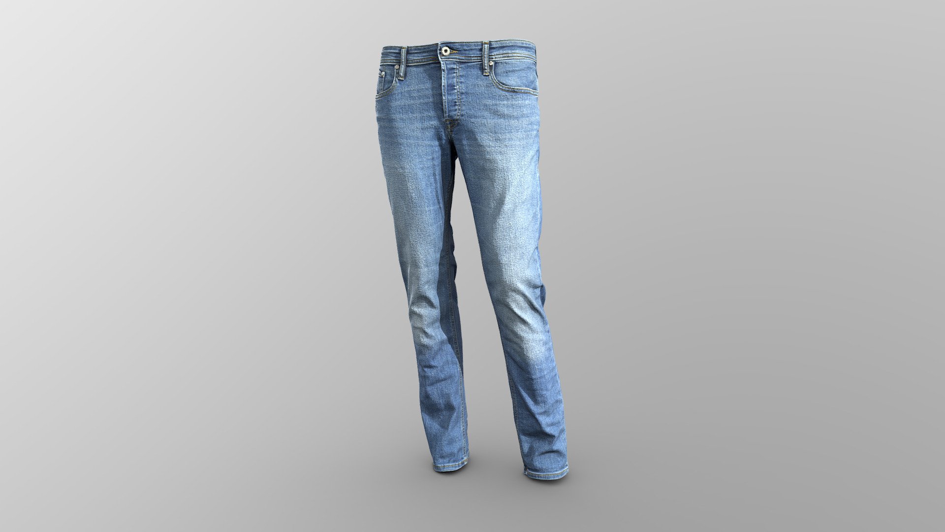 Realistic high detailed Jeans pants model with high resolution textures.
Model created by our unique semi-automatic scanning technology

Optimized for 3D web and AR / VR

=======FEATURES===========


The units of measurement during the creation process were milimeters.
Clean and optimized topology is used for maximum polygon efficiency.
This model consists of 1 meshes.
All objects have fully unwrapped UVs.
The model has 2 materials
Includes high detailed normal map

Includes High detail 4096x4096 .png textures (diffuse (base color), Roughness, Metallness, Normal)


50k polygons - Jack Jones JJIGLENN JJORIGINAL - Slim Fit Jeans - Buy Royalty Free 3D model by VRModelFactory 3d model