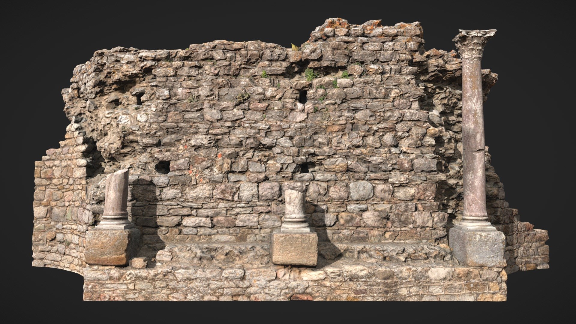 A part of a old roman colosseum. Scanned in the south of Spain.

This is the one model of three wall pieces I've scanned from the colosseum.

Captured in neutral lighting conditions. Feel free to rotate the lights.

**Stone bridge scan with 8K PBR textures: **




Albedo

Normal

Roughness

Displacement

Ambient Occlusion (4K)

Rendered in Cycles with displacement + adaptive subdivions:


Additional Files contain:




blender source file + packed textures

.fbx

.obj

textures

Please let me know if something is not working as it should.

Realistic Castle Wall Ruin Scan - Castle Wall Ruin Scan 03 - Buy Royalty Free 3D model by Per's Scan Collection (@perz_scans) 3d model