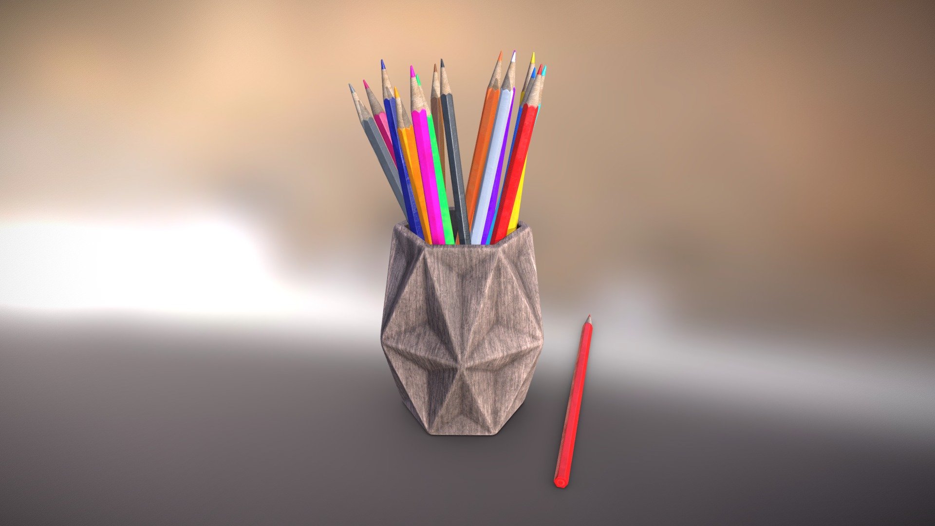 3d model is low poly and game-ready.

Real scale - Units: cm - Pencil ~ 17.1 x 0.7 x 0.6 cm. Holder ~ 10.6 x 9.37 x 8.22 cm.

Formats:




.blend (Mesh + material (Principled BSDF) + Textures PBR - Roughness/Metallic) - Blender (ver. 2.92.0).

.tbscene (Mesh + Textures PBR) - Marmoset Toolbag 3 (Ver 3.08).

.FBX (only mesh without materials) - exported from Blender.

.obj (Triangulated, only mesh without materials) - exported from Blender.

.glb (Triangulated, Mesh + Textures PBR (compressed in format)) - exported from Marmoset Toolbag 3.

.gltf ( Triangulated, Mesh + Textures PBR - .jpg ) - exported from glTF Tools Visual Studio Code.

.unitypackage (Triangulated, Mesh + Textures - .tga) - exported from Marmoset Toolbag 3 and FBX mesh from Blender.

.FBX for Unity (only mesh without materials, up = Y Up) 3d model