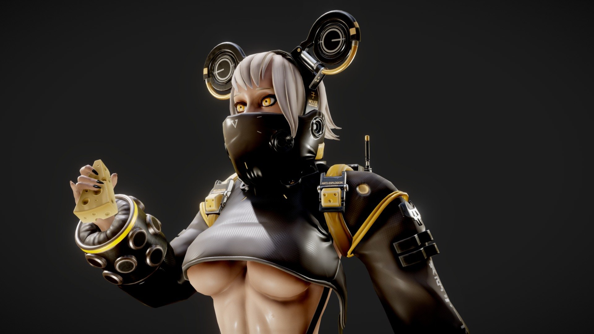 Renders: https://www.artstation.com/artwork/q9kBla

Sculpt in Zbrush, texturing in Substance Painter, retopo/rigging/fixes,render in Blender.
around 100k triangles, 6 UV sets for the character, 1 set for the pistol.

Based on the concept by Ren Wei Pan - Mouse Girl - Explosive Cheese - 3D model by amazingStanley 3d model