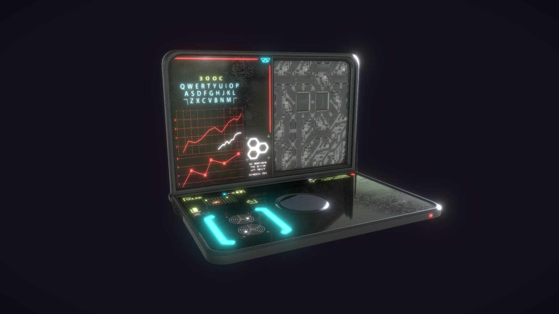 Just a Simple futuristic minimalistic military laptop computer with exposed interior components.



Without the wires and antenna 1,168 Vert - 2,266 Tri



1 Set 4K PBR Mats
The wires and antenna dont have a material set. They were extra objects i decided to add late after already texturing the laptop. 



(Free) Laptop Model #2 - https://sketchfab.com/3d-models/sci-fi-laptop-low-poly-2-5b4c6b94692643d9ad0ba61dcb4892dc


Game ready Laptop Asset - https://sketchfab.com/3d-models/laptop-game-ready-low-poly-ddcd0efcc29d490e882bbaf61a3a0bfc
Some of the Emmissive Decals are by: Sanctus_Art Free Decal Pack
 - Sci-Fi Minimalist Laptop - Buy Royalty Free 3D model by bossdeff 3d model
