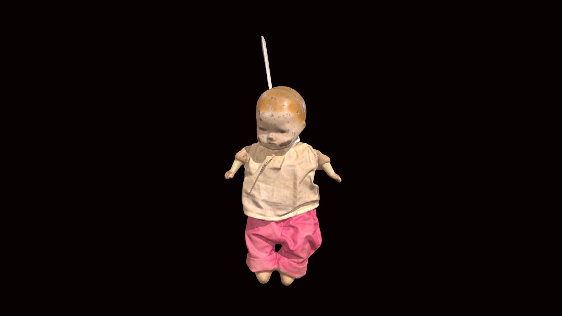 The flexible nature of this doll's body meant that it had to be suspended by its neck to allow as complete a scan as possible. The doll was suspended with its feet touch a surface so the doll did not sway. It was 3-D scanned with an Einstar 3-D scanner on 19 February 2024. The doll was provided for 3-D scanning by Heather Ludeke 3d model