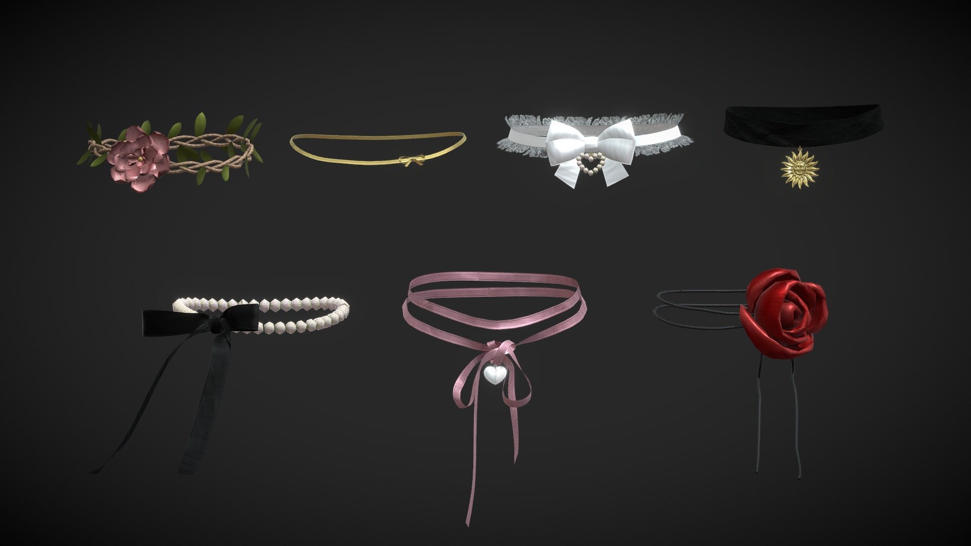 Chokers / Necklaces pack - low poly

Triangles: 15.1k
Vertices: 8.6k

4096x4096 PNG texture

Commercial use*

My models cannot be included in an asset pack or sold at any sort of asset/resource marketplace 3d model