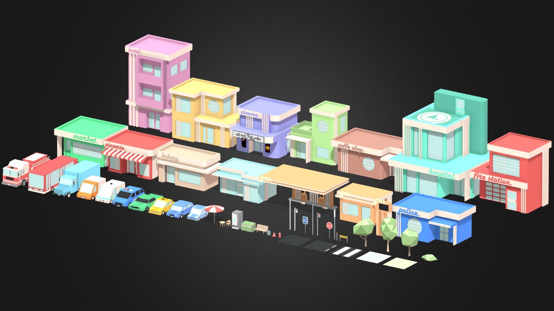 LOWPOLY STYLIZED ASSETS FOR YOUR GAME !

This asset pack includes pastel models with a simple design, perfect for beginning game developers. The package contains assets for a simple game.

If you like it, please leave a comment :D - Low poly City Assets - Download Free 3D model by Paulina Sroka (@Paulisia) 3d model
