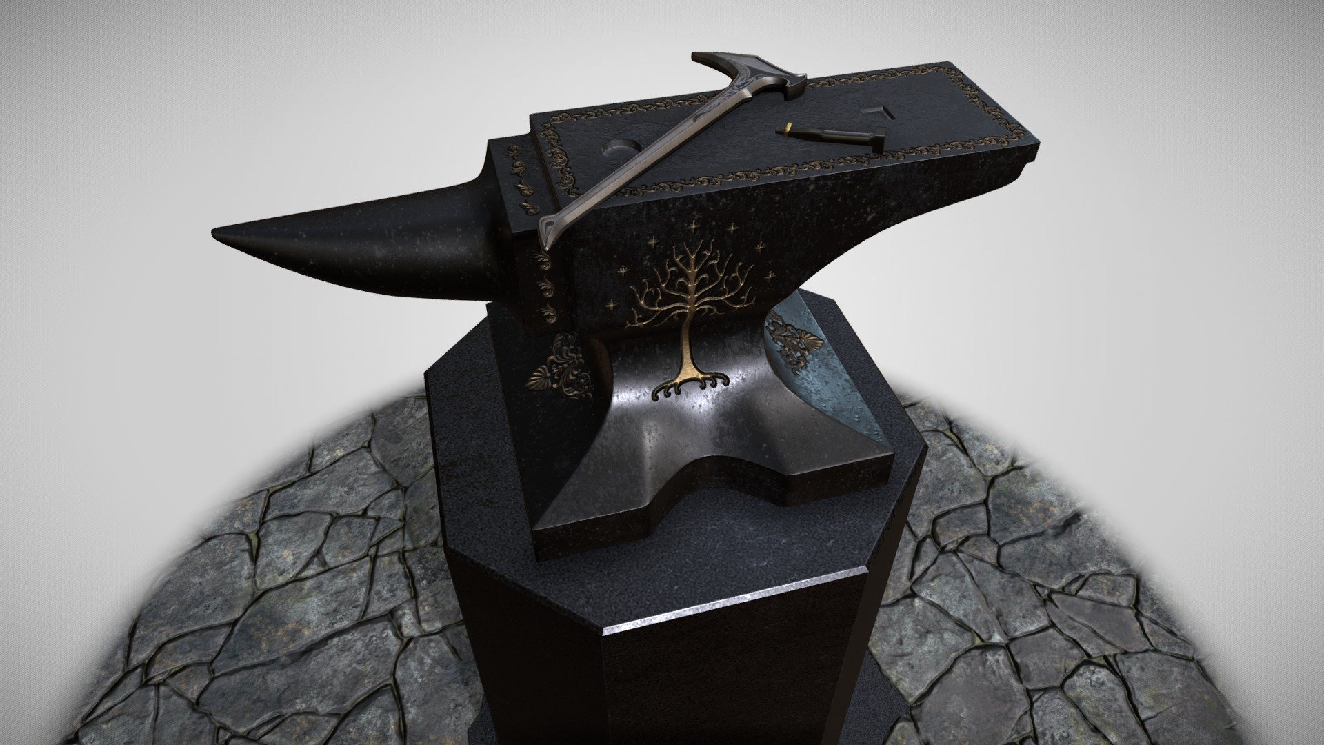 In preparation for the Upcomming Shadow of Morodor Game i wanted to Model Celebrimbor's Hammer.  Well what good is a Hammer without an Anvil and the one and only Ring of Power? - Shadow of Morodor Celebrimbor's Forge - Buy Royalty Free 3D model by dark-minaz 3d model