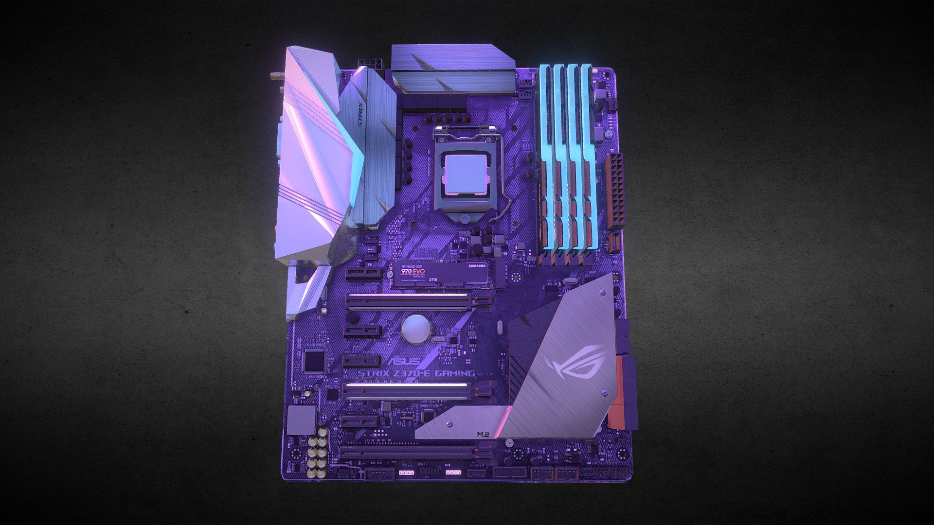This is the Motherboard, CPU, Ram and M.2 SSD I made for my computer animation class. The models were made to be part of my other model : Dream Computer Setup!

This features an ASUS z370-e gaming motherboard with an intel I7-9700k, Samsung EVO 2 TB M.2 SSD, and Trident RGB RAM - MotherBoard + Components - Download Free 3D model by Daniel Cardona (@DanielCardonaArt) 3d model