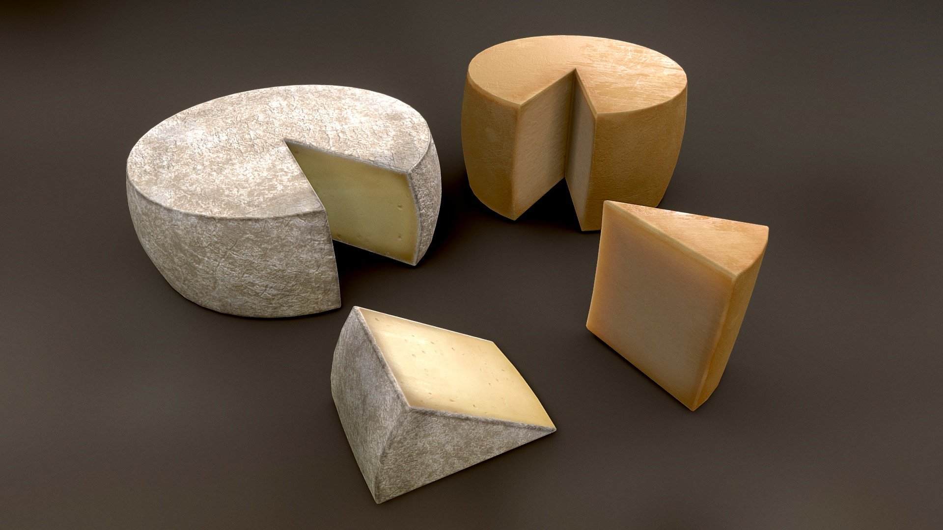 Two types of cheese (a wheel and a slice). All four objects have a separate PBR texture set (2048x2048). Textured 100% with Substance Painter. I included sub surface scattering for added realism 3d model