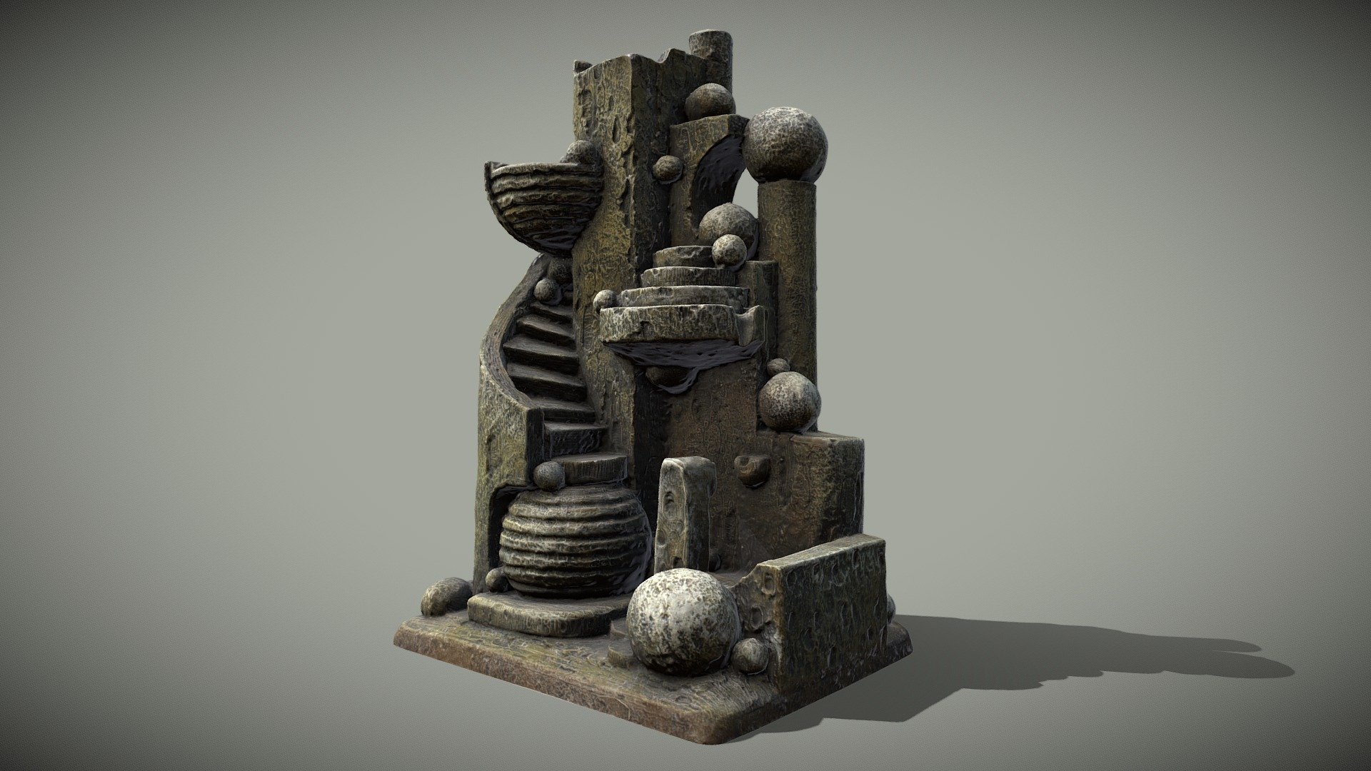 The model of the ancient fountain was scanned from real photographs. 3D reconstruction generated with photogrammetry software 3DF Zephyr processing 192 images (camera Canon EOS 60D). After generation, mesh was decimated to create model with less count of triangles. The model has 4k textures and 575.6k triangles. Lower part is closed with &ldquo;Fill Holes