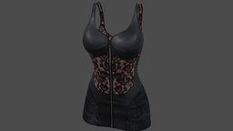 Female Front Zip Up Mini Black Leather Dress