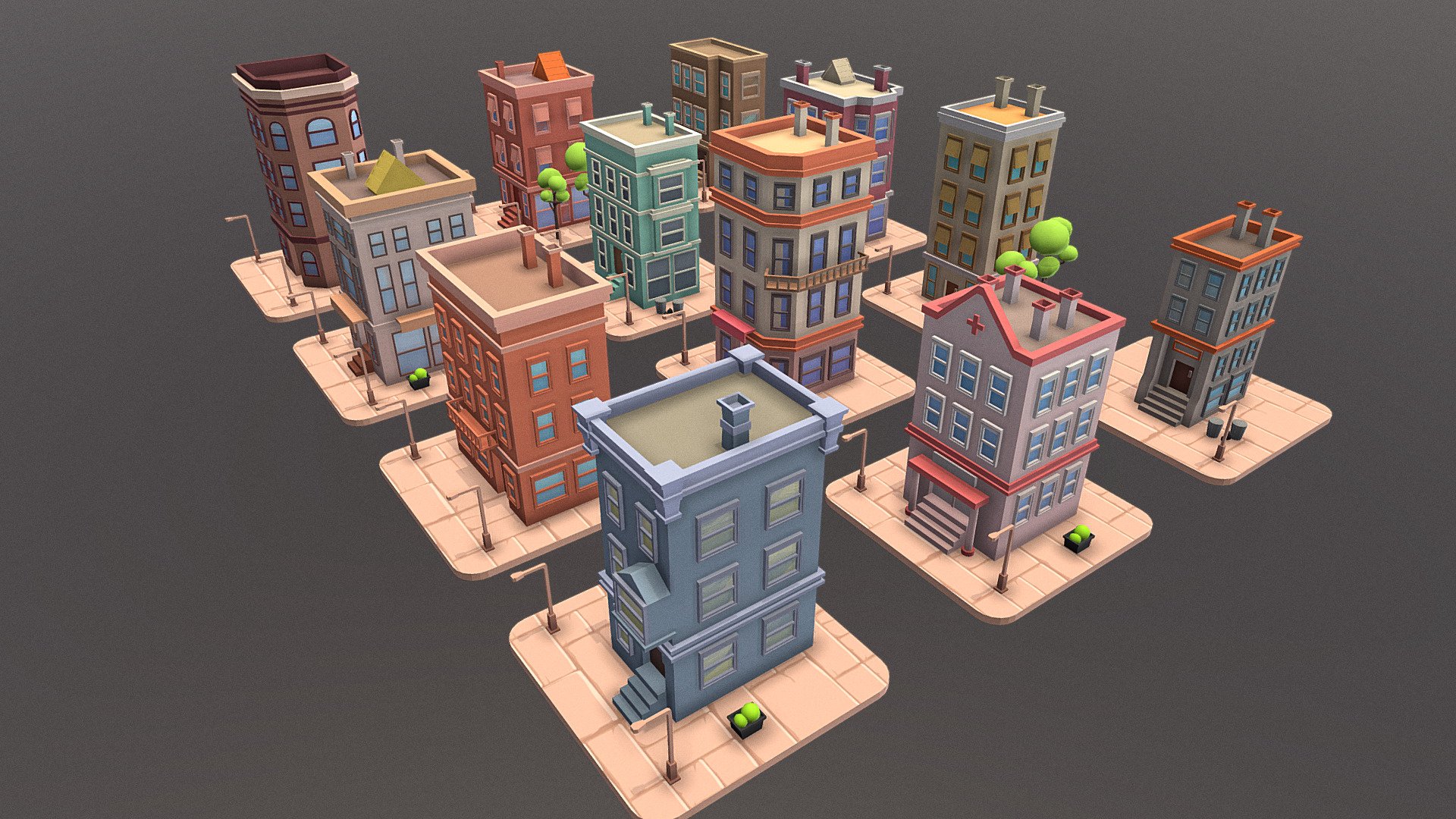 This collection includes 12 different buildings with different and cheerful colors.

In addition to buildings, props such as floors, electric light poles, flowers and pots, trees, and trash cans are also included in this package.

You can use this great collection in all kinds of mobile and computer game projects, as well as in all kinds of animation projects where buildings and urban elements are needed.

Vertices:




Building 01: 1506

Building 02: 1569

Building 03: 2660

Building 04: 1952

Building 05: 1882

Building 06: 1202

Building 07: 2548

Building 08: 2744

Building 09: 2366

Building 10: 2292

Building 11: 2408

Building 12: 2562

Floor: 48

Tree: 462

Trash can: 940

Street light: 52

Flower: 114

Textures:




Size: 1024px × 1024px

Base Color + Ambient Occlusion
 - Cartoon Buildings Set 01 - Buy Royalty Free 3D model by okaro.ir 3d model
