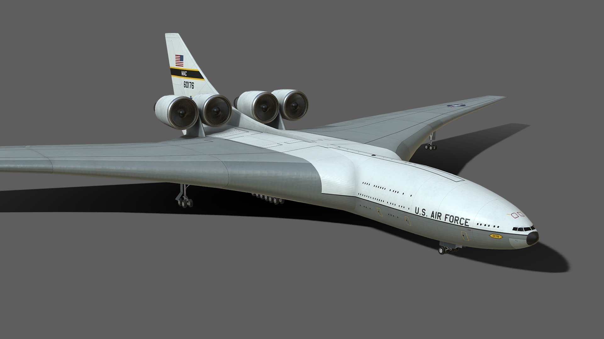 The Lockheed CL-1201 was a design study by Lockheed for a giant nuclear-powered transport aircraft in the late 1960s. One envisioned use of the concept was as an airborne aircraft carrier.
Span: 1,120 feet (341 meter)
Gross weight: 11.85 million pounds (5375 metric tonnes)
Endurance: 41 days
Reactor output: 1830 megawatts
Crew: 400-845
Tactical fighters carried (AAC variant): 22
Main engines: 4 - Lockheed CL-1201 nuclear powered aircraft - Buy Royalty Free 3D model by Tim Samedov (@citizensnip) 3d model