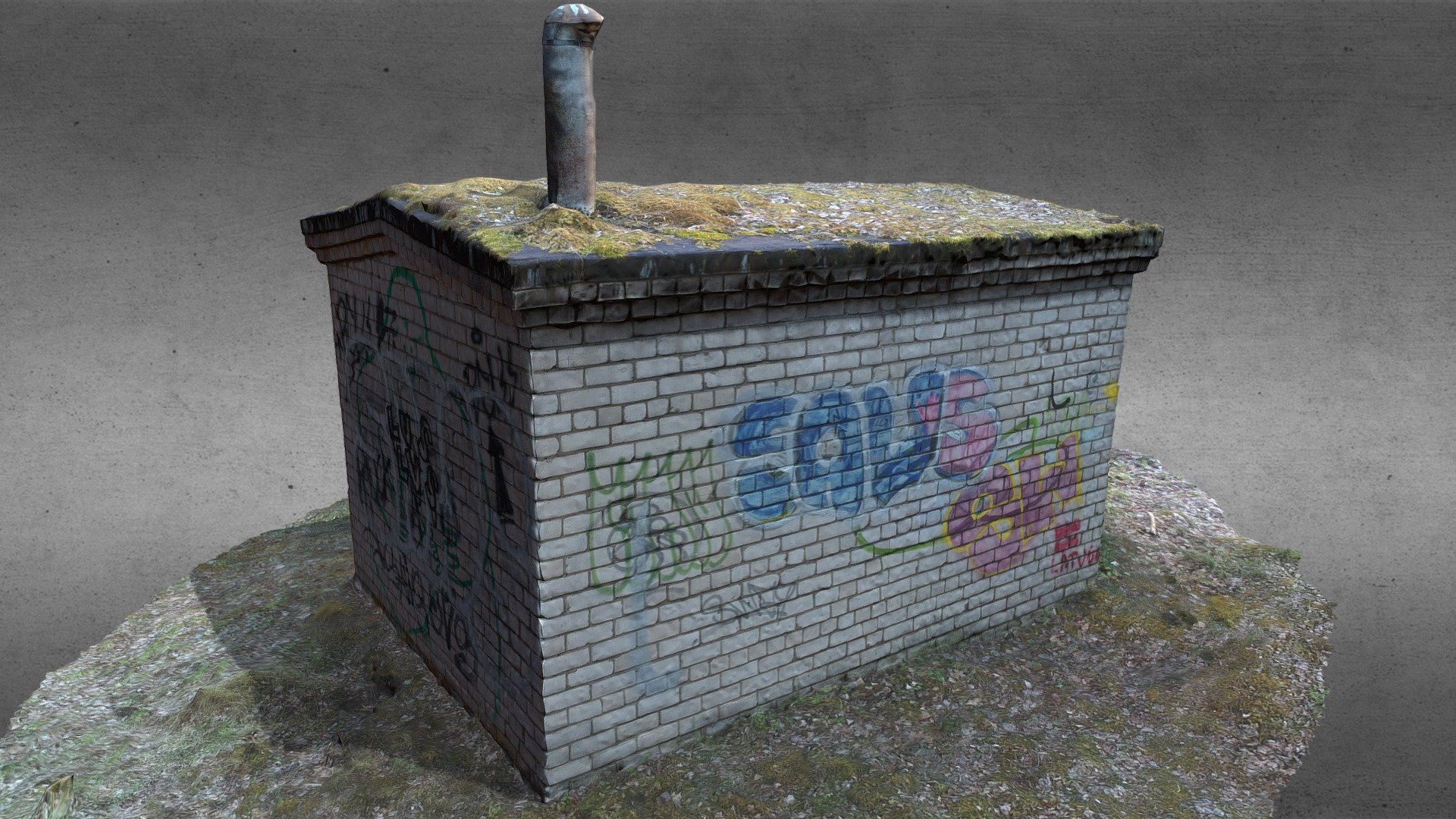Old, abandoned white brick building with grafitti on walls.
Roof is covered with moss. 
One chimney 3d model