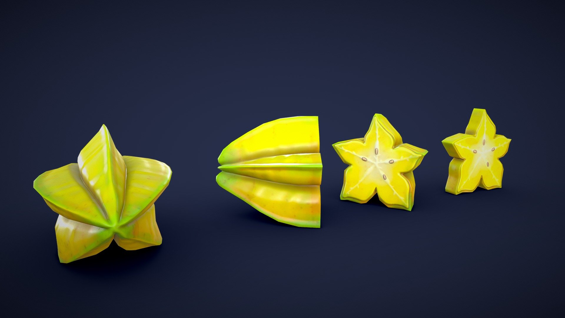 This asset pack contains 4 different star fruit meshes. Whether you need some fresh ingredients for a cooking game or some colorful props for a supermarket scene, this 3D stylized star fruit asset pack has you covered!

Model information:




Optimized low-poly assets for real-time usage.

Optimized and clean UV mapping.

2K and 4K textures for the assets are included.

Compatible with Unreal Engine, Unity and similar engines.

All assets are included in a separate file as well.
 - Stylized Star Fruit - Low Poly - Buy Royalty Free 3D model by Lars Korden (@Lark.Art) 3d model
