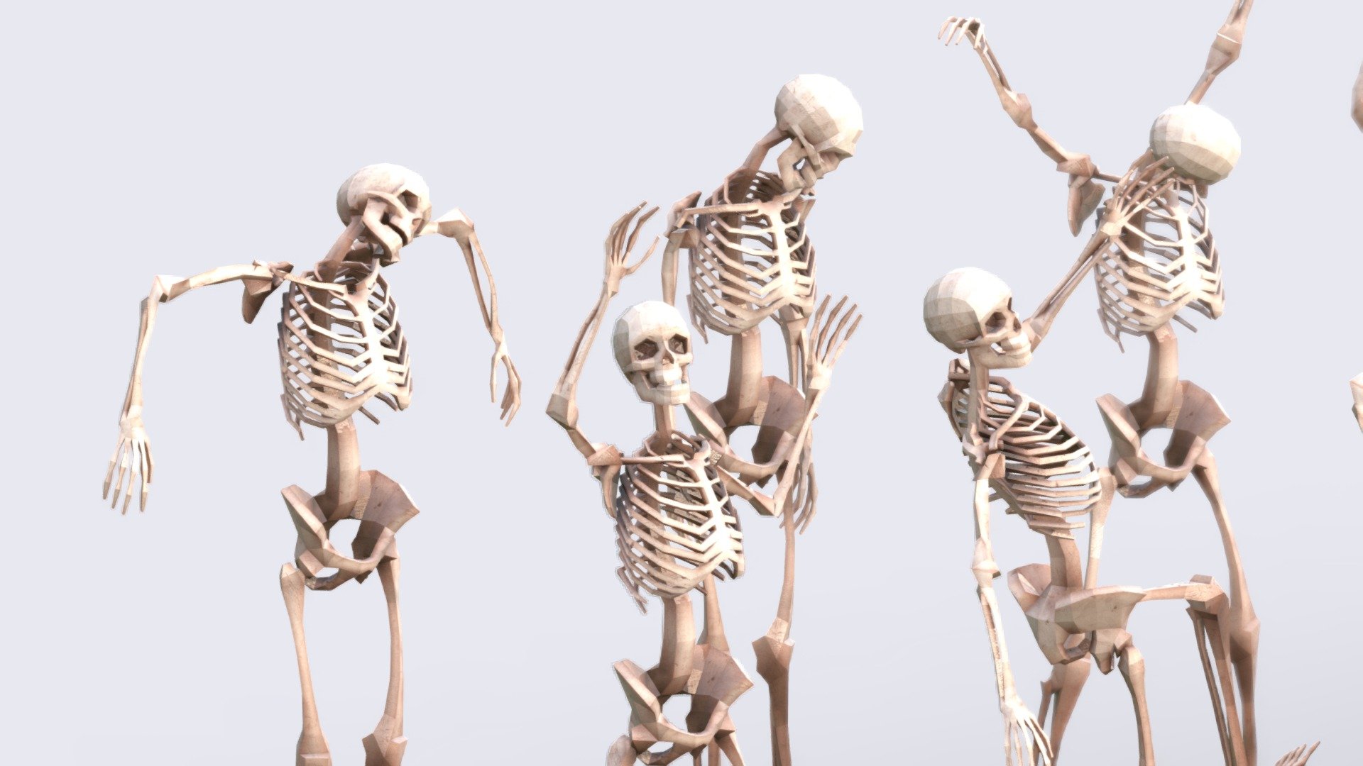 Low Poly Human Skeleton with no Loose Bones


Verts 2,337 | Edges 4,813 | Faces 2,418 | Tris 4,789 -Each Skeleton 

UVunwrapped 2K Textures: Diffuse, Albedo, Roughness, Specular, Bump

A must-have asset for 3D enthusiasts and creators. This meticulously crafted collection offers not just one, but an impressive 40 unique poses, ensuring you have all the skeletal versatility you need for your projects. What makes these skeletons truly exceptional is their watertight, single-mesh design—no loose bones, no complications. It's a seamless and efficient solution, ready for your creativity 3d model