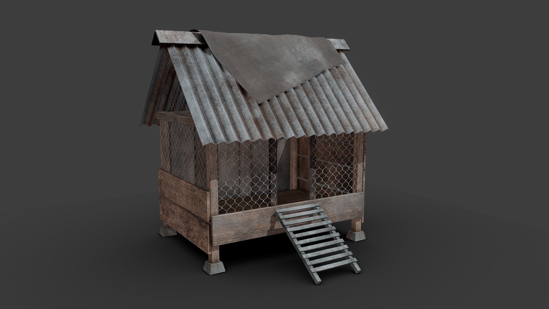 Chicken coop made of wood, plastic, metal and concrete. Can be used in game and animation. Have PBR textures. Made in Blender 3.1.2, Textured in Blender 3.1.2 using Bapak Material - Chicken Coop - Buy Royalty Free 3D model by Ahmad Azizi (@azizi16) 3d model