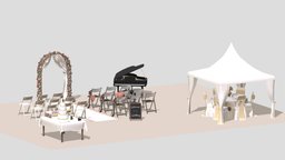 Outdoor Wedding tent, flower, exterior, vase, balloon, chairs, wedding, arch, sign, table, outdoor, camera, models, tableware, tablecloth, champagne, aisle, guest, various, book, lowpoly, piano, ring