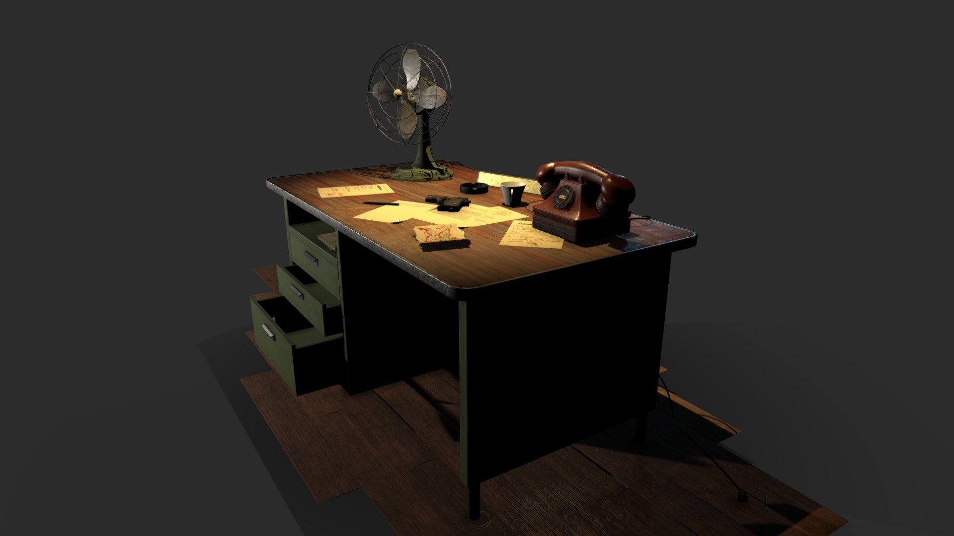 This scene combine 3 assets requested by my School in order to pass my exams

Asset 1 - The Beretta
Asset 2 - The Fan
Asset 3 - The Old Phone

This scene present the Major's office of Alpert Berghem 3d model