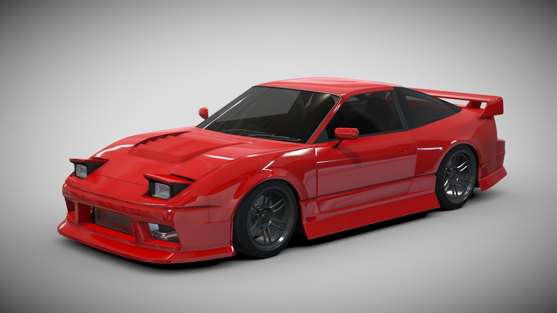 A 3D model of the Nissan 180SX that I made, then I modified it in several parts.

Pop-up lamp available. So you can open and close the headlights as you wish.

The interior of the car is not detailed, because I only focus on the exterior 3d model