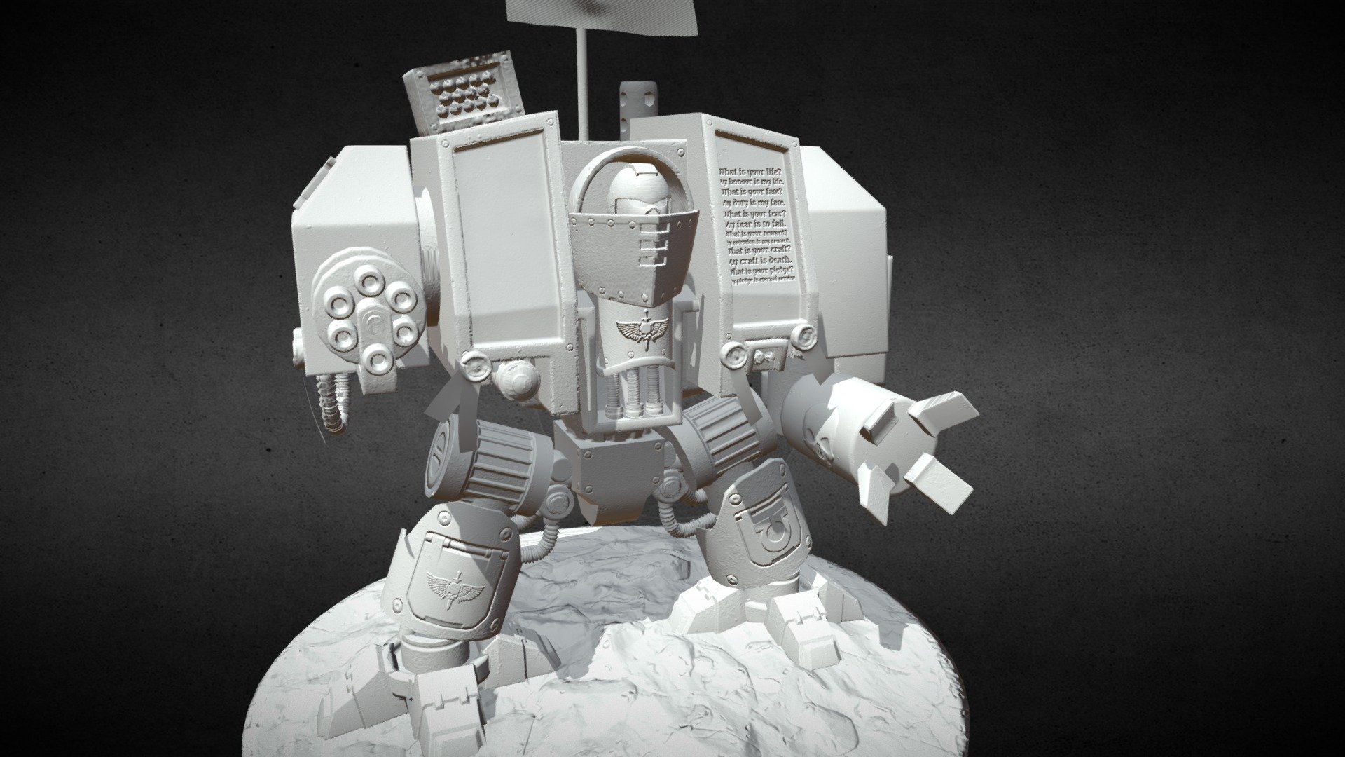 Here is WIP piece for a university project. I'm building a space marine venerable dreadnought. This is to show off my low poly, along with the bakes achieved using my high poly. I'll be uploading the textured version as soon as it is finished! - [WIP] WH40k Venerable Dreadnought - 3D model by Krypten22 3d model
