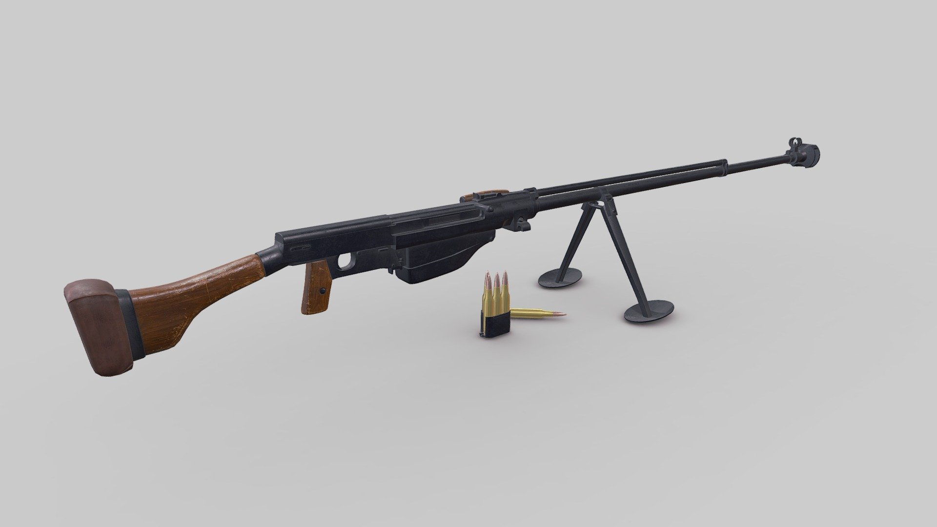 PTRS-41




Low-poly ready to use in game AR/VR

separate objects for animation (clip, bullet, trigger, bolt, bipod)

textures are in PNG format 4096x4096 PBR metalness 1 set.

File Units: Centimeter.

Available formats: MAX 2018 and 2015, OBJ, MTL, FBX.

If you need any other file format you can always request it.

All formats include materials and textures.
 - PTRS-41 Anti-tank Rifle Low-poly PBR - Buy Royalty Free 3D model by MaX3Dd 3d model
