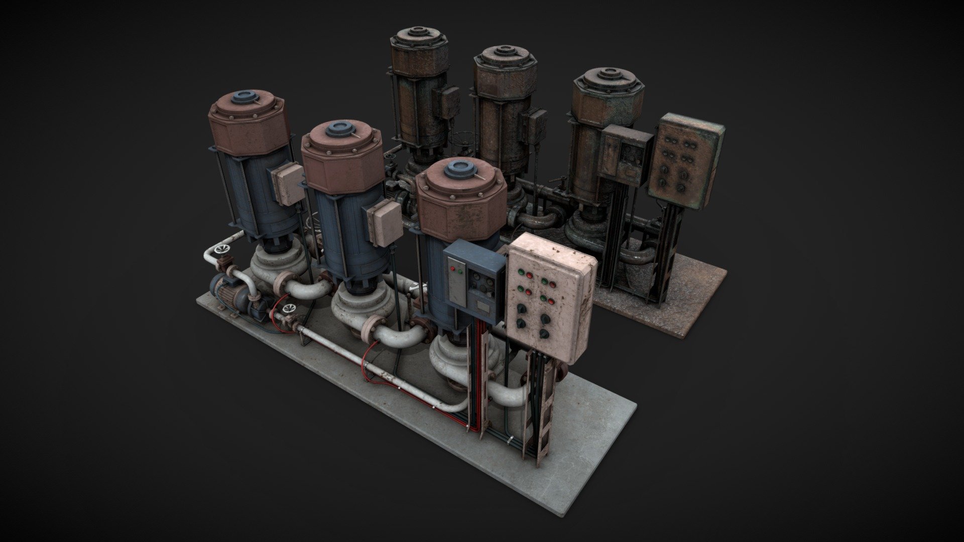 Pump station for industrial visualizations 

4k png PBR textures included. Painted and rusted 

Non overlapping UVs 3d model