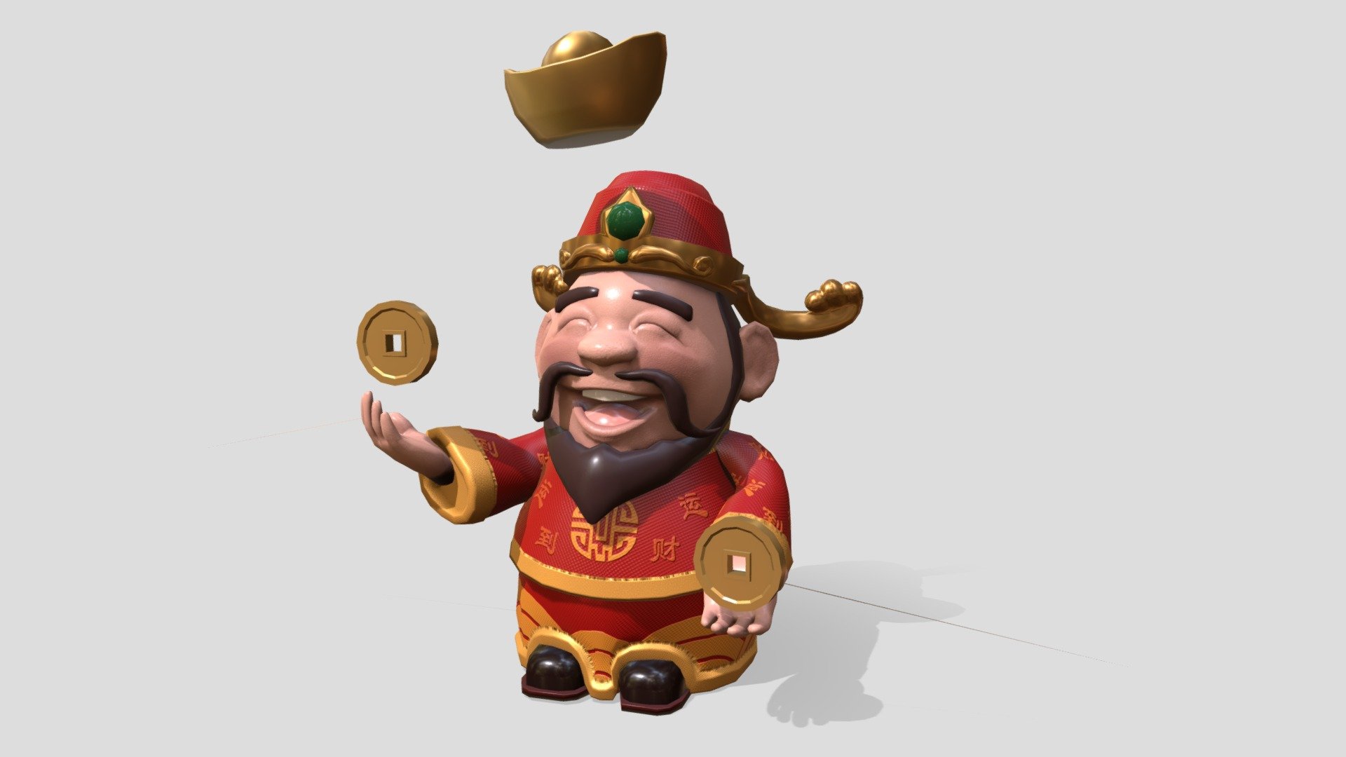 Stylised God of Wealth (Cai Shen Ye) with gold coins and ingots. 
Animations included: Juggling gold coins and ingot (Loop)

Login to STB’s Tourism Information &amp; Services Hub for free downloads:
https://tih.stb.gov.sg/content/tih/en/marketing-and-media-assets/digital-images-andvideoslisting/digital-images-and-videos-detail.10491aef2ebc1694f2aa6b6299dc3f6b856.God+of+Wealth.html - God Of Wealth - 3D model by STB-TC 3d model