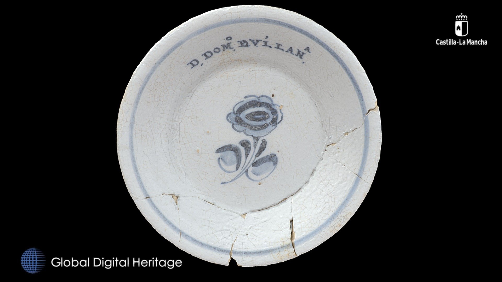 Talavera ceramic plate, decorated with flower and inscription from the  site of  María Cristina Street, Ciudad Real,  Castilla-La Mancha, Spain.  Early modern period. In the collection of the Ciudad Real Museum.  Catalog number DO001005. Processed in Reality Capture from 450 images. .

This work is part of the collaboration agreement signed in 2020 between the Junta de Comunidades de Castilla-La Mancha and Global Digital Heritage for the digitization of the Cultural Heritage of Castilla-La Mancha region. We want to publicly thank the collaboration of the Museum of Ciudad Real, especially by its director José Ignacio de la Torre 3d model