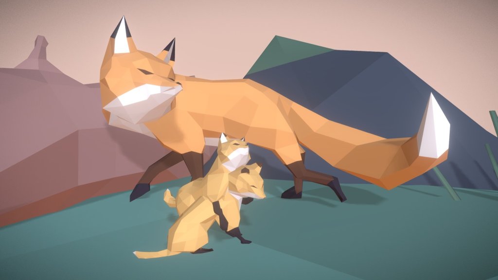 Momma fox with her cubs. Low Poly - Foxes in Forest - 3D model by myuu34 3d model
