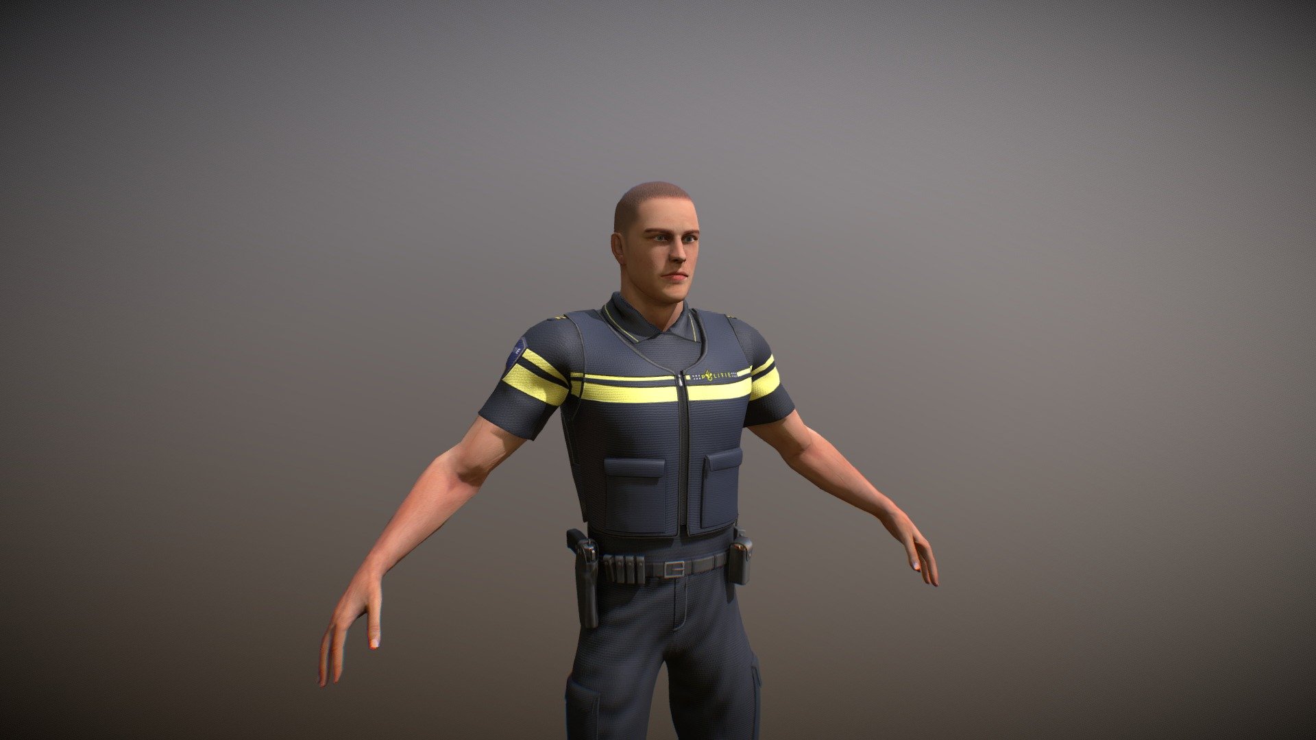 For a custom dutch police VR simulation project, we made a custom dutch police officer model with realistic details and rigged. 

The related VR project is as experimental to learn diffirent scenario's as a police officer and how it is like being in a world where everything can happen just as in real life. This model and project affiliated content will not be downloadable or available to the public it was rigged for the Unreal Engine 4.

This project is not affiliated to the original author AKA Politie Nederland and its subsidaries 3d model