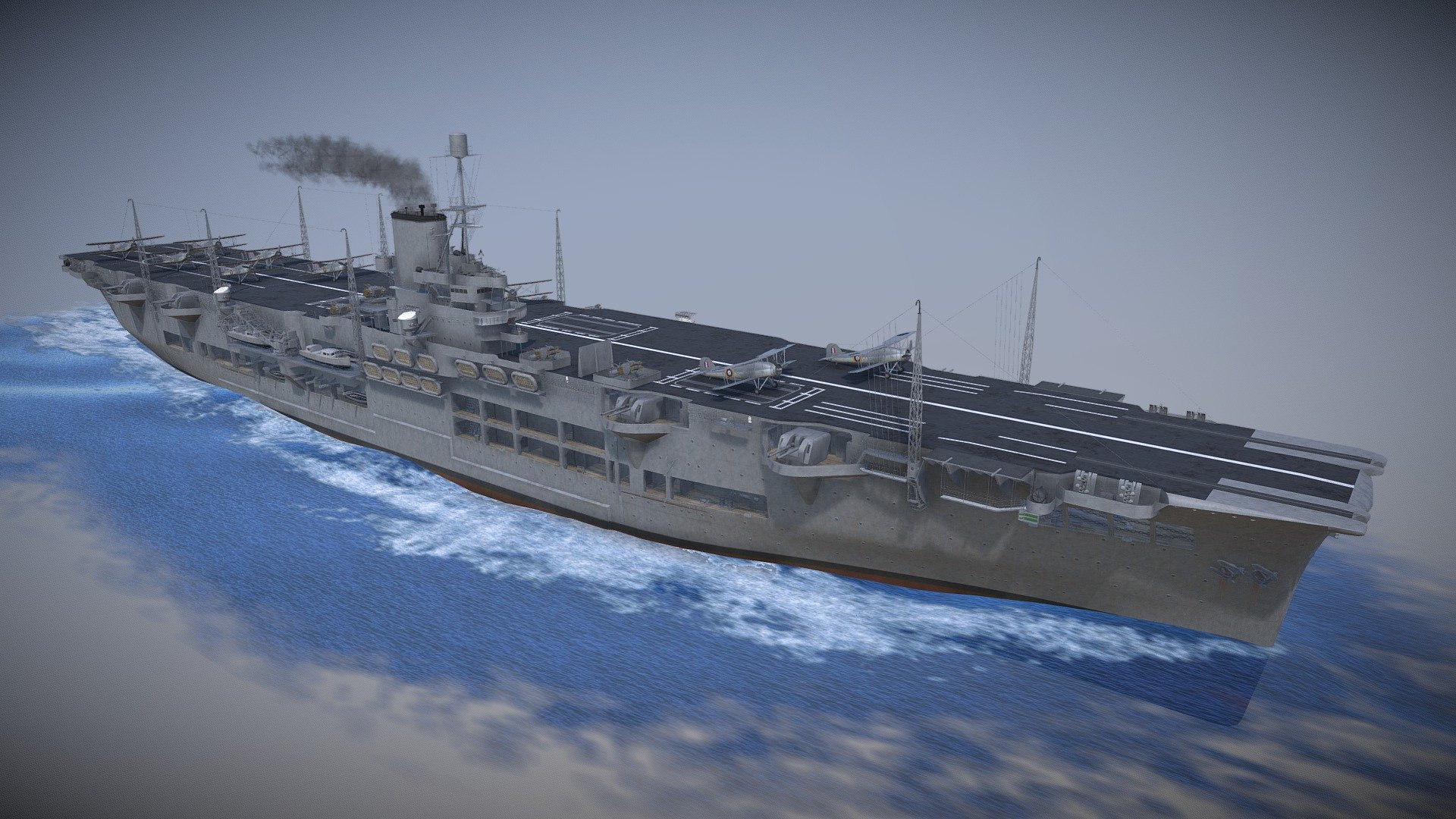 The HMS Ark Royal (with pennant number 91) was an aircraft carrier in World War 2 serving for the Royal Navy. This model is with her Fairey Swordfish torpedo bombers.
(switch to HD textures in the settings for the best results)

(reuploaded on 11/20/2021 with remodelled hull and boats) - Ark Royal - Buy Royalty Free 3D model by ThomasBeerens 3d model