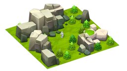 Cartoon Level Ground Tree Stone Cliff