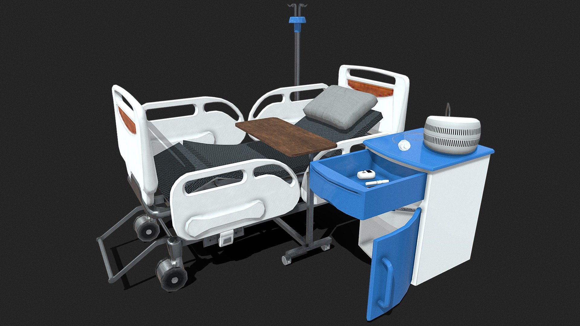 The fourth and final part of four of the Medical Supplies Collection 2 series.

First Part: https://sketchfab.com/3d-models/medical-supplies-collection-2-1-faa68412fb2749ffb525b82928b8991c Second Part: https://sketchfab.com/3d-models/medical-supplies-collection-2-2-a31e92b98af9458681276eff526f0cc8 Third Part: https://sketchfab.com/3d-models/medical-supplies-collection-2-3-d62dae40c6d54cd19a00bfbdff4d4b80

This fourth part comes with:

Dialyser
Table
Drawer
Halogen Penlight
2 Glucose Monitors
Glucose Pen
Holder
Hospital Bed (in parts but upwards)
Nebuliser - Medical Supplies Collection 2 #4 - Buy Royalty Free 3D model by Miguel Adão (@theauditor) 3d model