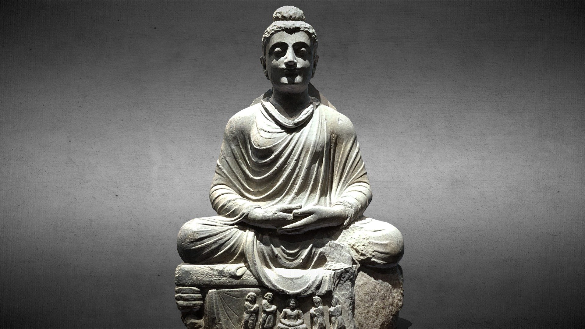 Second century AD, schist, Salibaro area
This seated Buddha statue is from the Salibaro area. The overall craftsmanship of the Buddha statue is exquisite, large in size, and well preserved. The Buddha's backlight is missing, and the hairline is evenly arranged in a wavy shape to the knotted bun on the top of the head, with smooth and natural lines.（净慈美术馆） - seated buddha - 3D model by Tigershill (@tigerofchen) 3d model