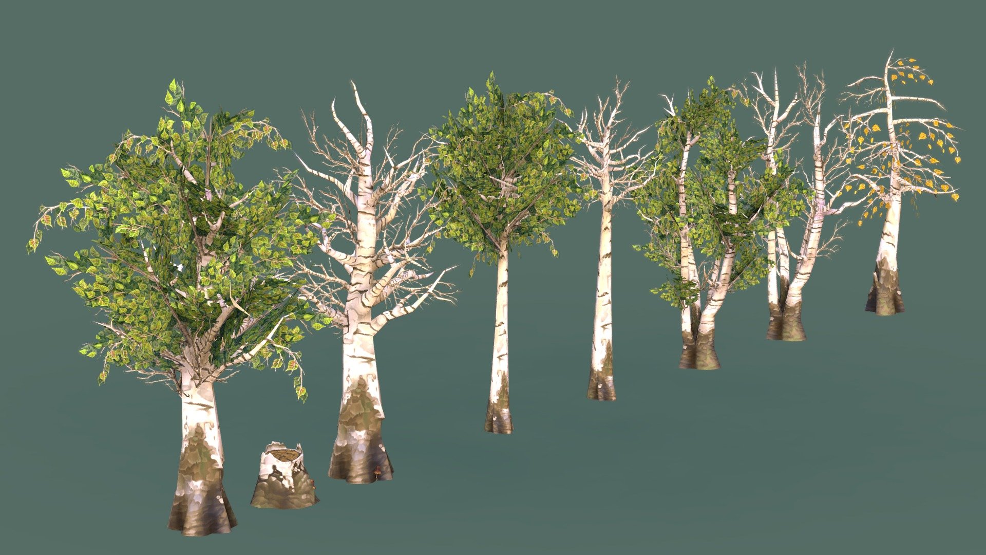 Stylized, hand-painted, low poly trees, well optimized for indie game developers. It contains:

1 Large Birch Tree
1 Large Dead birch Tree
1 Medium Birch Tree
1 Medium Dead birch Tree
1 Small Birch Tree
1 Small Dead birch Tree - Tree Set - Buy Royalty Free 3D model by BeardenInc 3d model