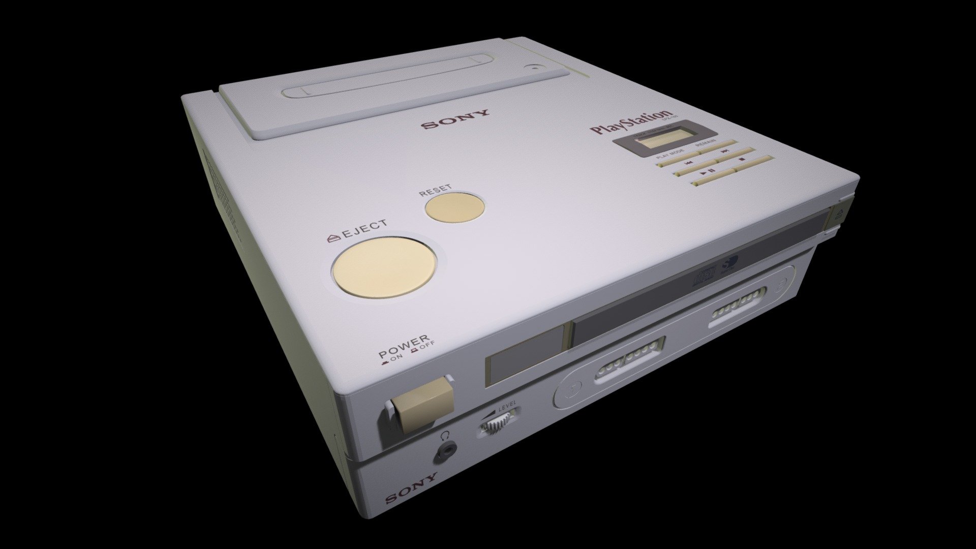 A model of the so called Nintendo Playstation. This video console was developed in a partnership between Nintendo and Sony but it was never released. The model is based on images of a prototype that was found in November 2015. Meanwhile the CD-ROM drive of the prototype has been repaired and homebrewn games have been developed. 
Take a look at the wikipedia article for more information about the console and the current development. This model is made for gaming historical documentation 3d model