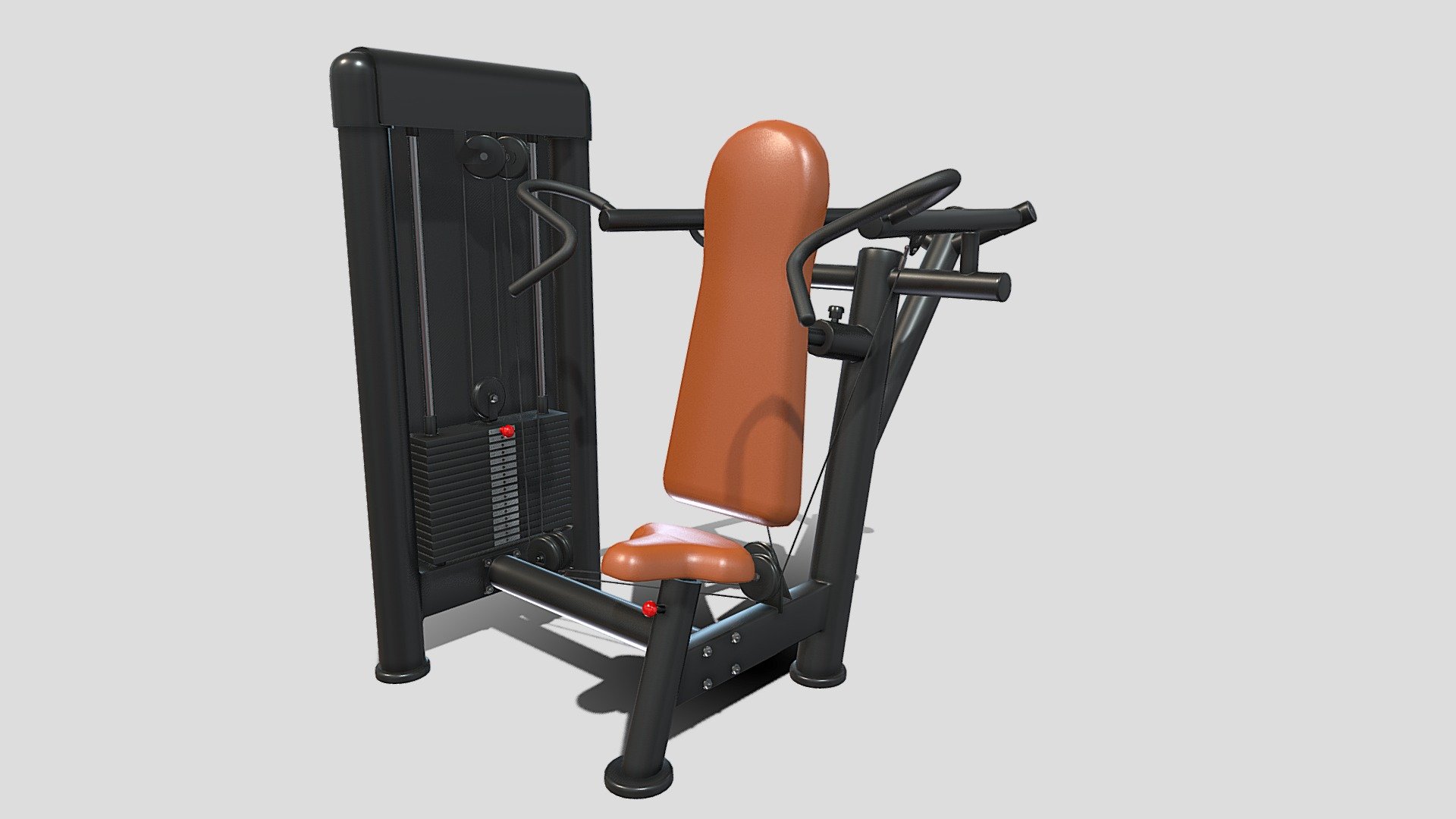 Gym machine 3d model built to real size, rendered with Cycles in Blender, as per seen on attached images. 

File formats:
-.blend, rendered with cycles, as seen in the images;
-.obj, with materials applied;
-.dae, with materials applied;
-.fbx, with materials applied;
-.stl;

Files come named appropriately and split by file format.

3D Software:
The 3D model was originally created in Blender 3.1 and rendered with Cycles.

Materials and textures:
The models have materials applied in all formats, and are ready to import and render.
Materials are image based using PBR, the model comes with five 4k png image textures.

Preview scenes:
The preview images are rendered in Blender using its built-in render engine &lsquo;Cycles'.
Note that the blend files come directly with the rendering scene included and the render command will generate the exact result as seen in previews.

General:
The models are built mostly out of quads.

For any problems please feel free to contact me.

Don't forget to rate and enjoy! - Deltoid press machine - Buy Royalty Free 3D model by dragosburian 3d model