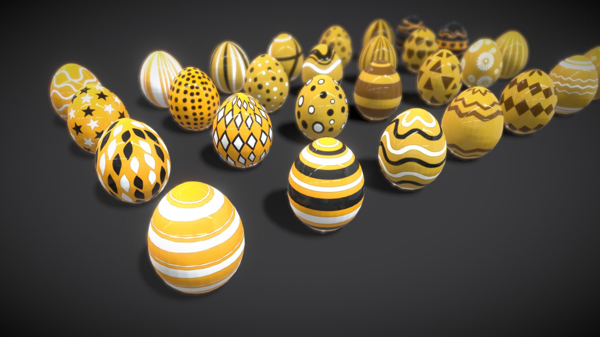 Get ready for Easter!

Collections Easter Eggs 6 model low-poly 3d model ready for Virtual Reality (VR), Augmented Reality (AR), games and other real-time apps. its ready for rendering and advertising too Features: 
- 28 egg prefabs 
-  7 Colections styles texture 
-   Polycount list : 
-    Model 3D lowpoly Eggs ( 16128 polys/30464 Tris/15288 Verts) 
-    7 Texture colections size 1024/1024 Please contact me if you have questions or need assistance with the models 3d model