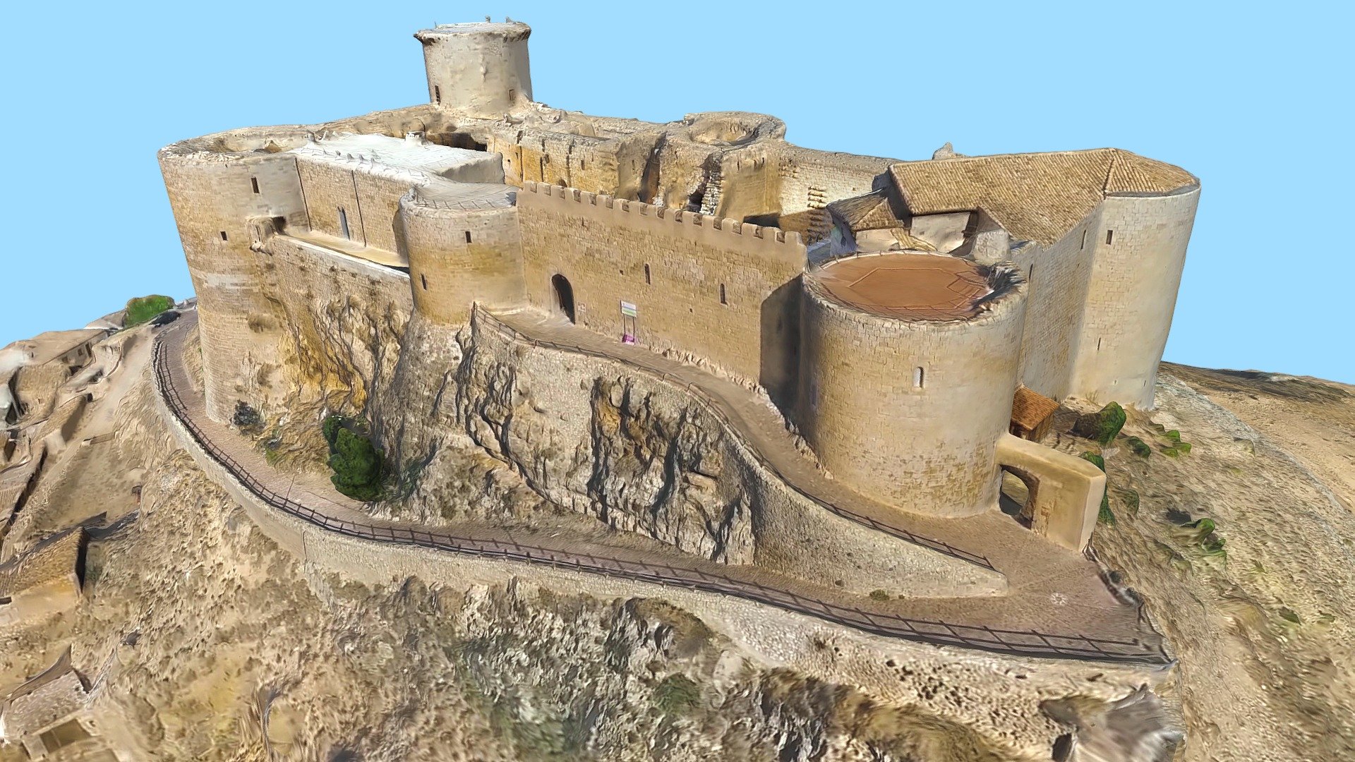 The Castle of Mesones de Isuela, which is located at the top of a rocky village above the town of Mesones de Isuela (Aranda)-Spain, is one of the largest castles in Aragon. It belonged to the Templars and the house of Luna. The first reference to the castle is the donation of Sancha de Abiego to the Templars in 1175. The Order of the Temple kept it until the end of its existence.

In the fourteenth century it was of the Fernández de Luna. The Archbishop of Zaragoza Lope Fernández de Luna had the building built that can be seen today and gave it in his will along with the towns of Tierga, Jarque de Moncayo, Sestrica, Nigüella and Lucena de Jalón to his sister Toda. When Archbishop Lope Ferrández de Luna died in 1382 the castle was almost abandoned. It passed into the hands of the Ximénez de Urrea upon Toda's death.

The fortress of Mesones de Isuela is built in limestone and consists of a rectangular plan&hellip;
Source: Wikipedia.org - Castillo de Mesones de Isuela, Castle, Spain - Buy Royalty Free 3D model by LibanCiel 3d model