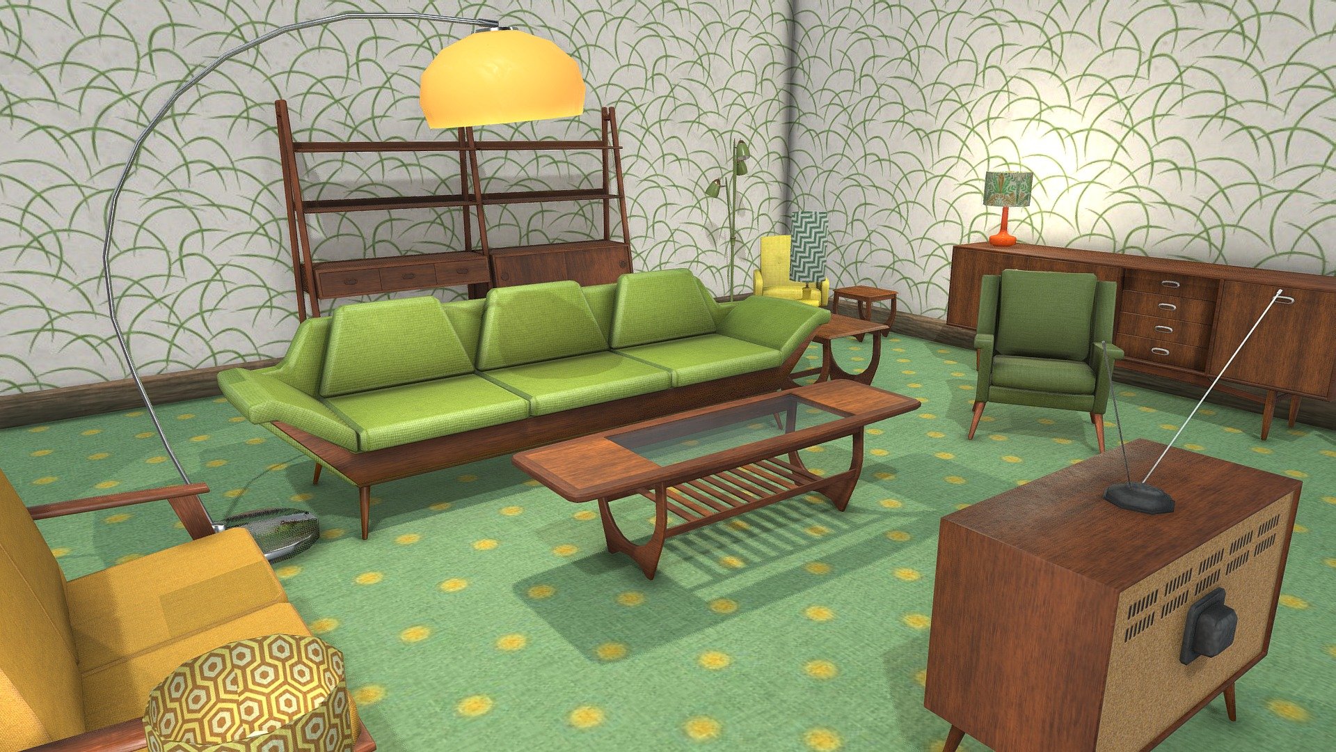 Low Poly Furniture Pack winner of the #StoreFurnitureChallenge.
A selection of 15 typical mid-century, 60s and 70s style retro living room furniture.

Included in this pack are: 




2 sofas

2 armchairs

A coffee table

Set of 3 nesting tables

3 Floor Lamps

3 Table Lamps

A bookshelf

A sideboard

And a TV


Fully Textured
All items have full game ready PBR textures. Either in 2048x2048 or 1024x1024 depending on item size.


Low Poly
Largest item has just under 2000 triangles, the average is about 1000 triangles. The full list of poly counts can be found in the annotations on the interactive 3D Model.


Update
I have added a zip file with all the textures 2 .blend files 1 for just the furniture, and the other is this scene with a subsurface shader applied to lamp shades and lights parented to the lamps.
FBX files now added.



Modelled in Blender and textured in Substance Painter 3d model