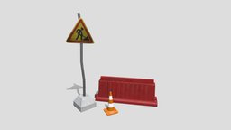 Road Works (low poly set) road, game-ready, roadworks, road-sign, road-cone, roadwork, road-block, low-poly, lowpoly, gameready, road-barrier