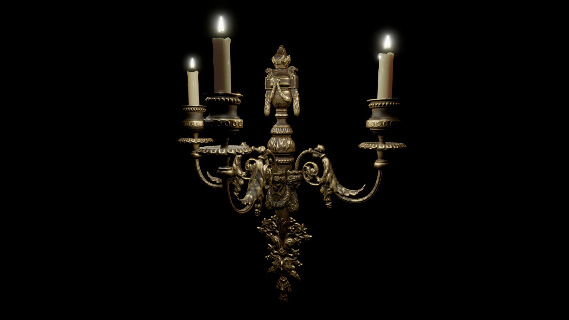 XIX Century French Empire Gilt Bronze Three-Light Sconce, Wall Candelabra, three-arm wall candleholder finely ornate with foliate, acorn motifs and three female faces, circa 1850-1870.
Modeled in Blender 3.4.0, Textured in Quixel Mixer 2022.1.1 3d model