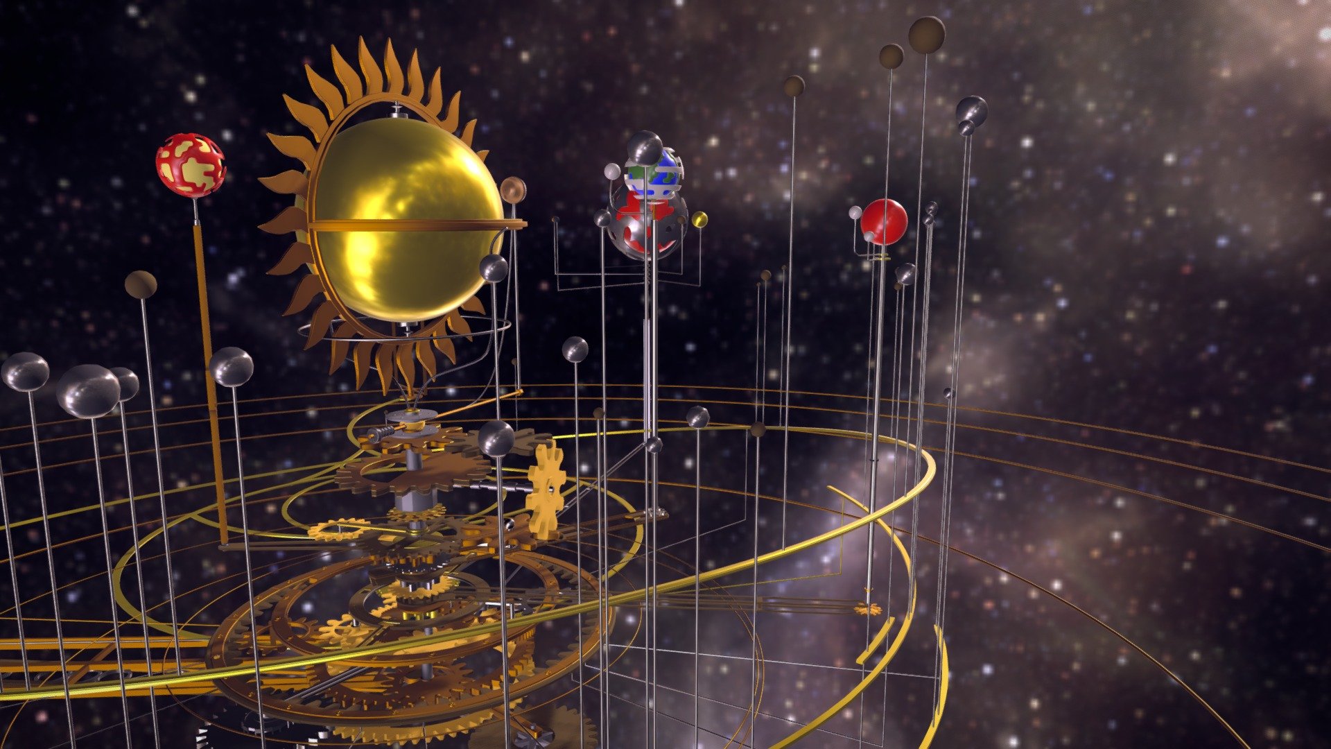 An animated heliocentric orrery.
Includes planets, major moons and the asteroid belt.
Originally modelled in 3dsmax with all animation driven procedurally with wire parameters from one controlling gear and built for a projection mapping show in Northern Ireland to reference the Armagh Observatory 3d model