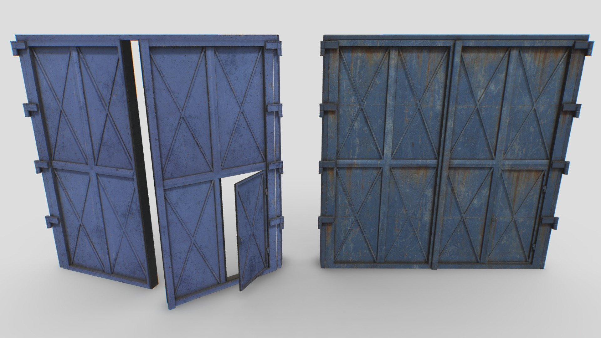 2 Realistic metal gates based in real one. Realistic scale.

Comes with 2 PBR 4096pix texture sets including Albedo, Normal, Roughness, Metalness, AO.

Suitable for factories, hangars, warehouses, etc..

Gates can be opened as showed in the pics 3d model