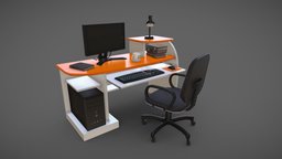 Desktop Computer Table and Chair office, room, lamp, computer, mouse, pc, desk, unreal, seat, books, monitor, desktop, ready, mug, table, gamer, color, writing, unity, game, chair, low, poly, home, cup, light, keyborad